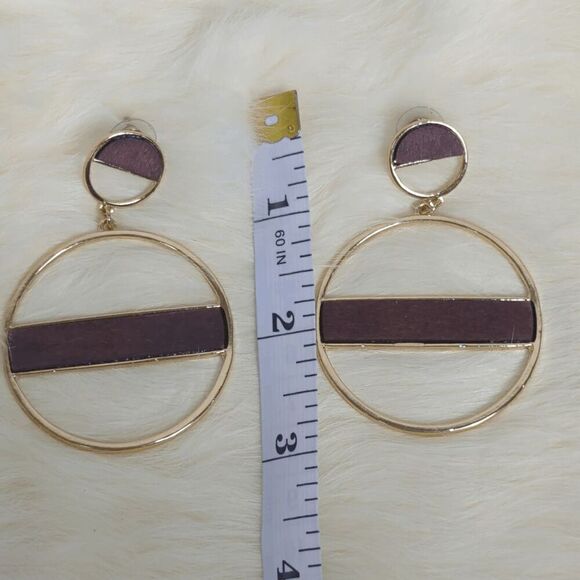 Women’s Gold Tone & Wood Circle Hoop Earrings Statement Handmade - Picture 5 of 5